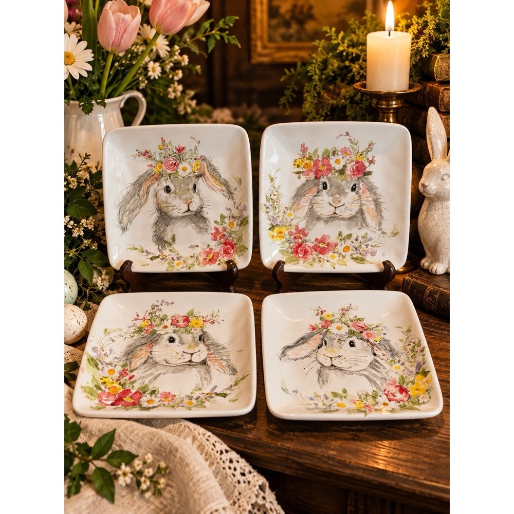 Certified International Susan Winget Bunny Rabbit Plates Set of 4 Easter 6.25”